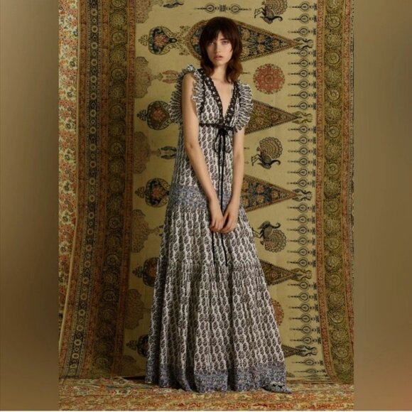 Tory Burch Dresses & Skirts - Tory Burch Amita Appliquéd Printed Cotton V-Neck Sleeveless Maxi Dress In Multi